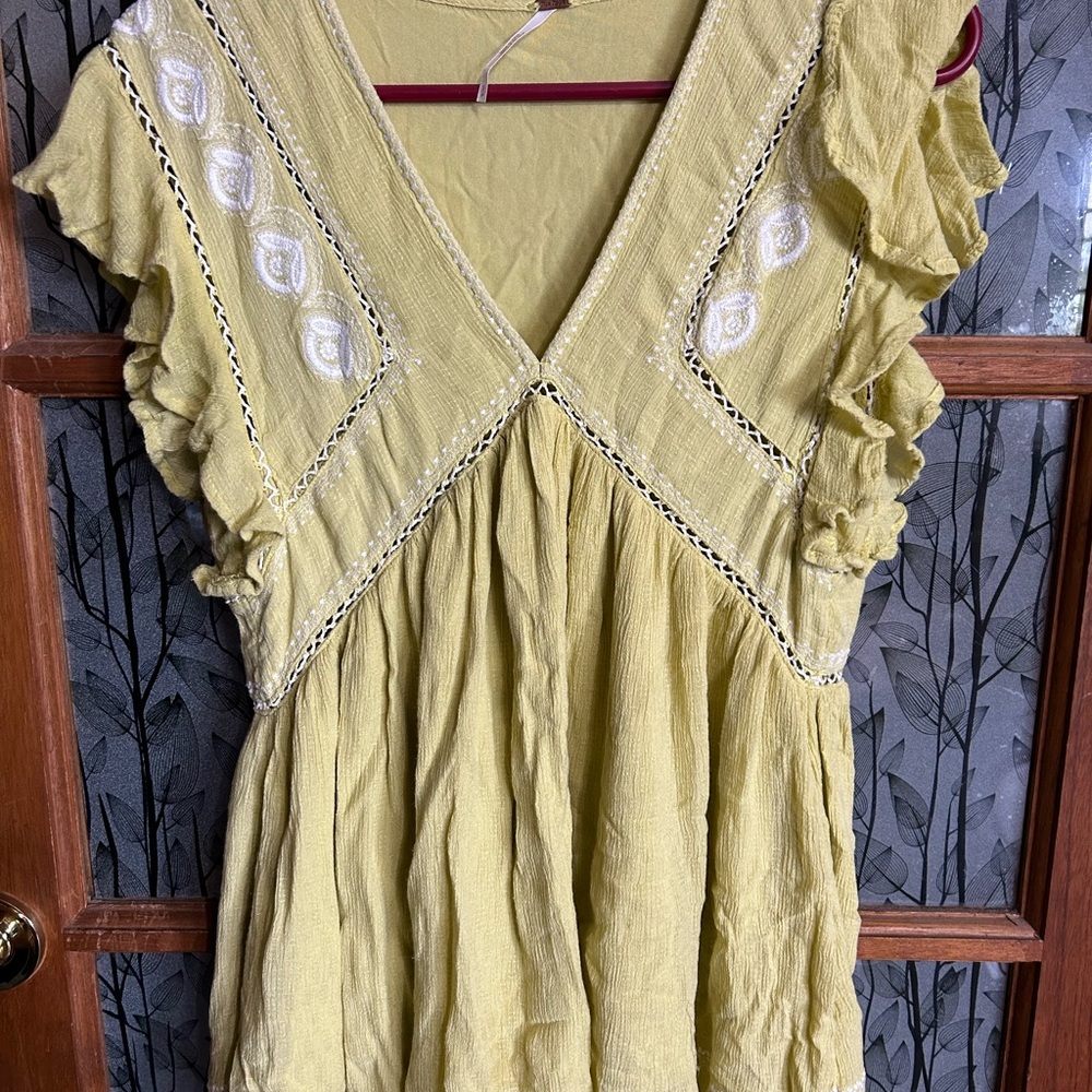 Free People Citron Ruffle Sleeve Embroidered Blouse